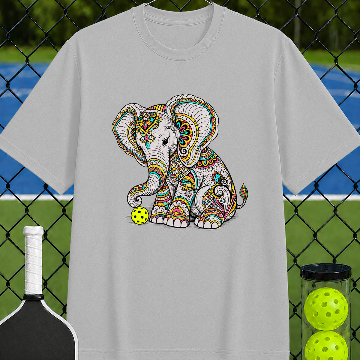 Patterned Pickleball Elephant T-Shirt - Unisex