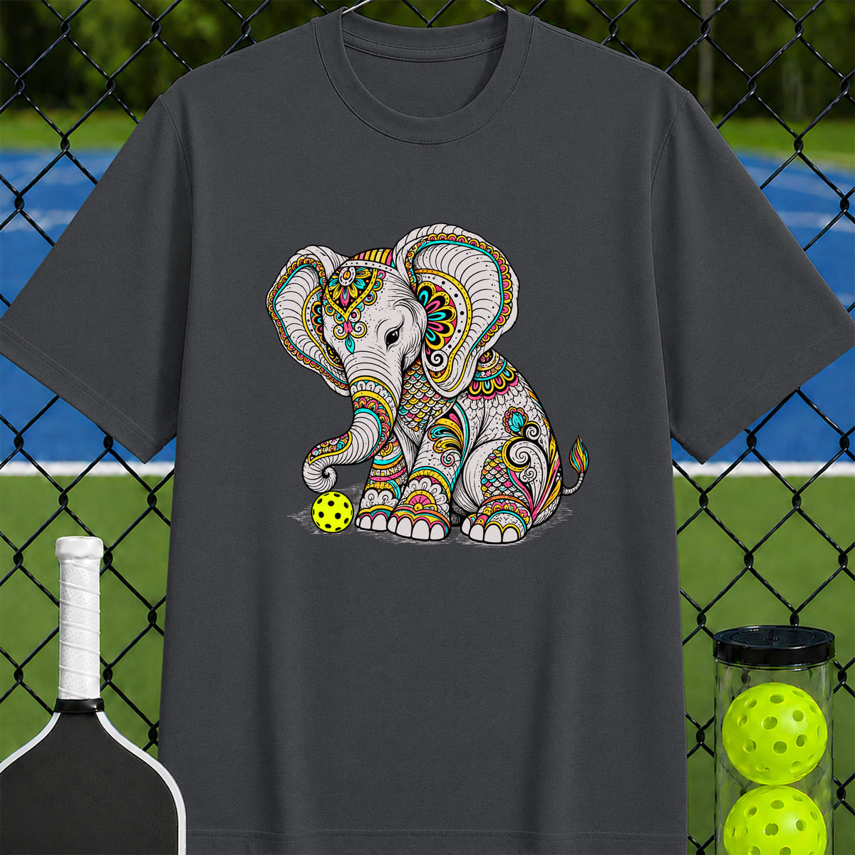 Patterned Pickleball Elephant T-Shirt - Unisex