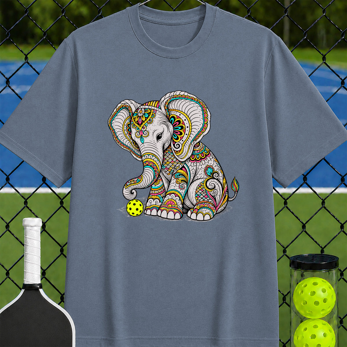 Patterned Pickleball Elephant T-Shirt - Unisex